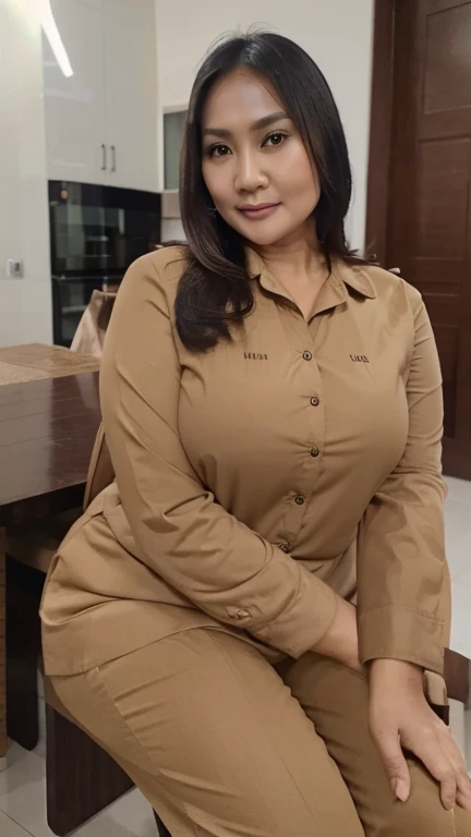 indonesian woman,((40 years old)), beautiful face, tan skin, long shirt, pants, curvy body and plump body, soft smile, sweet face, kitchen, sit on chair, dining table, night time, night light