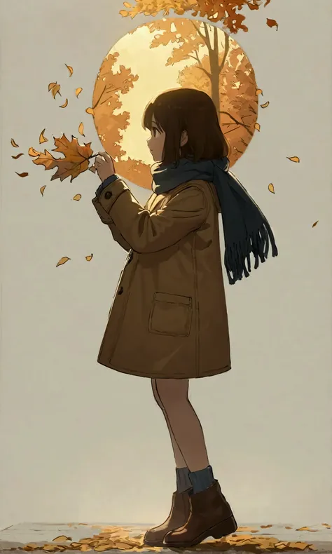 (solo),1girl\(long brown hair, cute, autumnal attire, scarf, coat, boots, pinching leaves\(which are shining golden through the ...