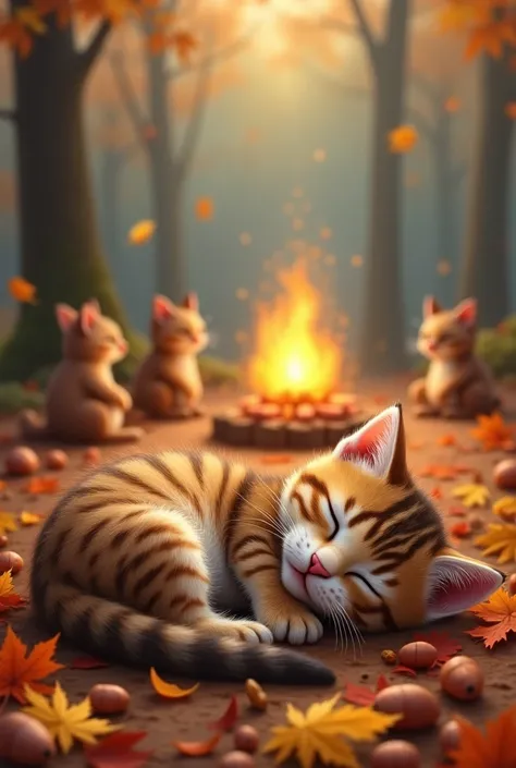 The world&#39;s cutest brown tiger-striped kitten sleeps with its bloated belly facing up in front of a bonfire of fallen leaves、Realistic、Autumn forest colored with autumn leaves、Warm sunshine、Happy Landscape、Forest friends eating roasted sweet potatoes t...