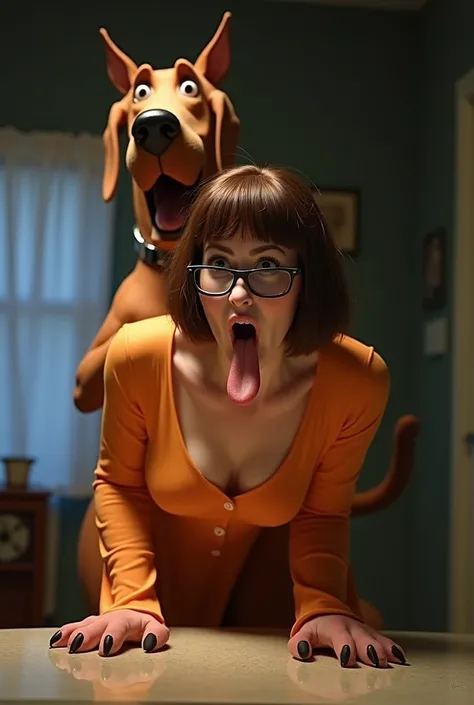 Velma Dinkley is bent over a table bracing herself with the dog paws that used to be her hands as she transforms into a Great Dane. She has a bob cut with bangs, thick-framed glasses, orange high socks, and a sheer orange nightgown that accentuates her lar...