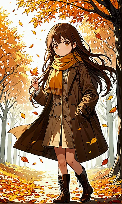 (solo),1girl\(long brown hair, cute, autumnal attire, scarf, coat, boots, pinching leaves\(which are shining golden through the ...