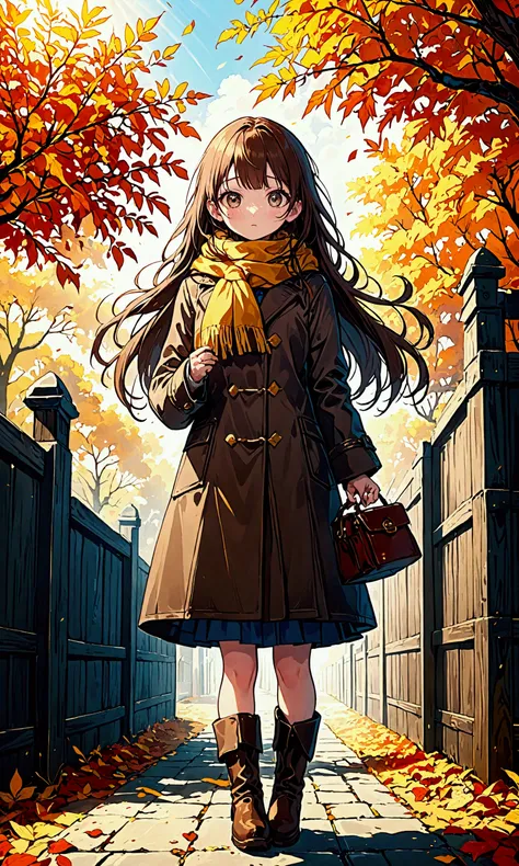 1girl\(long brown hair, cute, autumnal attire, scarf, coat, boots, pinching leaves\(which are shining golden through the sunligh...