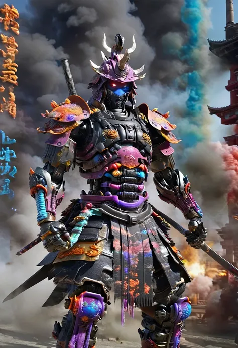 Cyborg samurai-like creatures attacking and fighting enemies, FW Murano Style, Pillars of black smoke, An explosion of vibrant colors, Very detailed, dark, Key visual, Atmospheric, High level of realism, Highly detailed textures, Ray Tracing