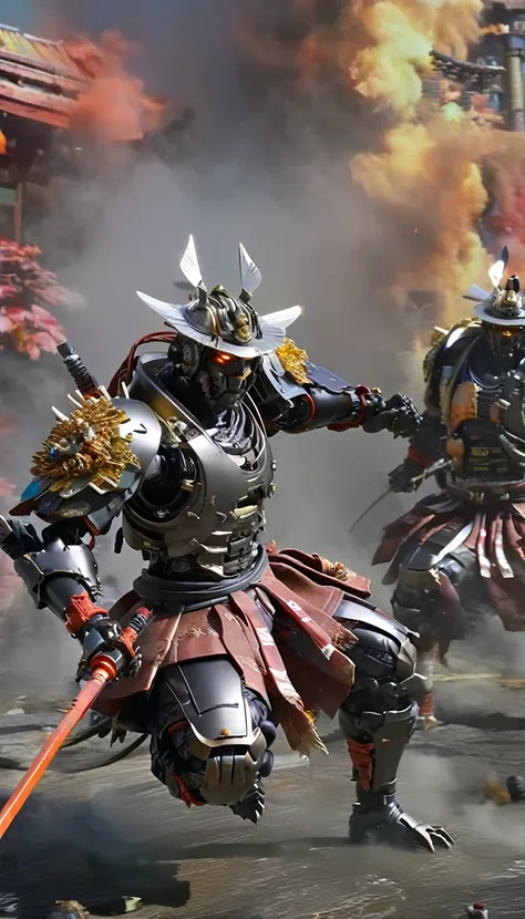 Cyborg Samurai-like creatures in action、Launch an attack on the enemy, FW Murano Style, Black smoke comes out, An explosion of vibrant colors, Very detailed, dark, Key visual, Atmospheric, Very realistic, Attention to detail and texture, Ray Tracing