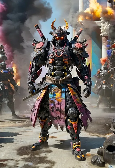 Cyborg samurai-like creatures attacking and fighting enemies, FW Murano Style, Pillars of black smoke, An explosion of vibrant colors, Very detailed, dark, Key visual, Atmospheric, High level of realism, Highly detailed textures, Ray Tracing