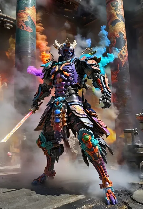 Cyborg samurai-like creatures attacking and fighting enemies, FW Murano Style, Pillars of black smoke, An explosion of vibrant colors, Very detailed, dark, Key visual, Atmospheric, High level of realism, Highly detailed textures, Ray Tracing