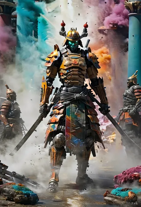 Cyborg samurai-like creatures attacking and fighting enemies, FW Murano Style, Pillars of black smoke, An explosion of vibrant colors, Very detailed, dark, Key visual, Atmospheric, High level of realism, Highly detailed textures, Ray Tracing