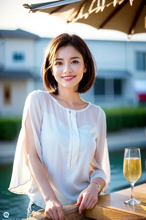 (Realistic, 超Realistic:1.4), 16K HDR, High resolution,((White Wine)),((Wine Glasses)),Happy smile、short hair,The best smile、Japanese actress,so beautiful(It looks like the real thing),dress、Slim couple、Model Couple、(Realistic, Intricate details:1.2), Amazi...