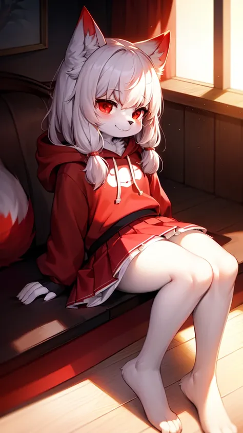 Furry, White fur, Super cute face, Red elements of fur, Black hoodie, Beautiful light and shadow, Zhou Haoguang, Very fine fur, Volumetric Light, Red skirt,