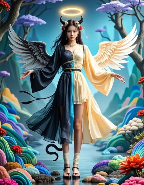 chinese girl, A single ethereal figure split down the middle in a symmetrical composition, with one half embodying a devilish persona characterized by horns and a tail, set against a dark, misty forest backdrop with red flowers and hellish elements like em...