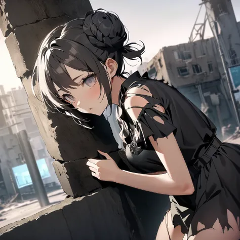 photo, (torn, torn, fringe dress), street, (22-year-old girl), (Elegant bun), (discovery of a parallel dimension in the background: 1.5), (apocalyptic wasteland), (Leaning on graffiti - covered wall, looking cool and urban in a street style pose.) quarrel ...