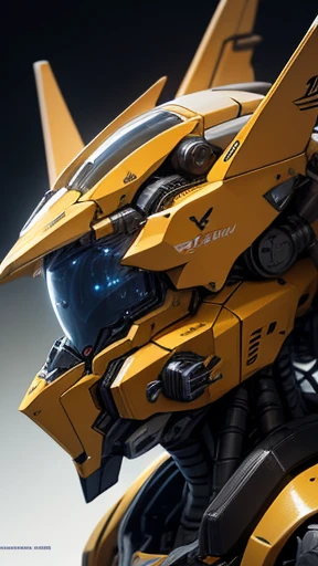 Close-up of a yellow robot on a black and white background, Concept art inspired by Chris Foss, Polycount Contest Winners, Digital Art, yellow Mecha, armored core style Mechaa, an anime large Mechaa robot, Mechaa wings, Mecha, SF Spaceship, Mechaa inspired...