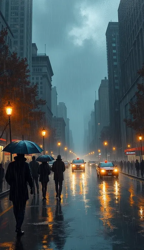 poster paints, heavy brush, a rainy autumn city street, people with umbrellas walking on the sidewalk, Cars with lights and windshield wipers on driving through the streets, reflections on wet pavement, dark storm clouds, gloomy atmosphere, cityscape,rain,...