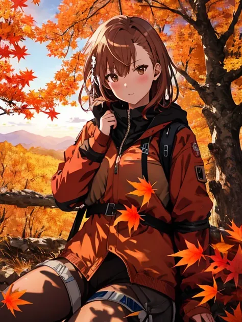 autumn leaves, autumn, Mountaineering, Summit, (Misaka Mikoto), UHD, retina, masterpiece,accurate anatomy, textured skin, super detailed, high quality, best quality, highres, 8k