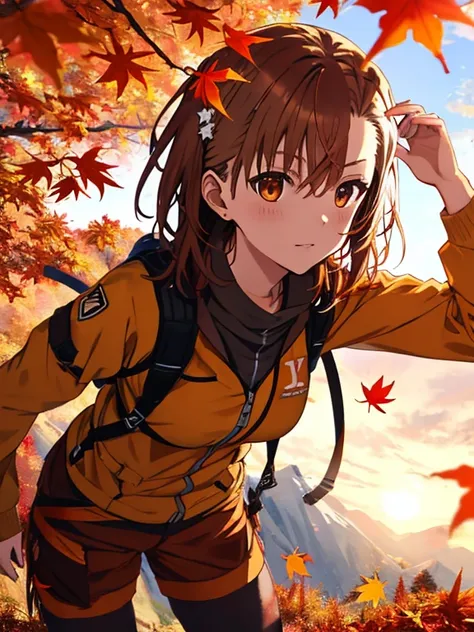 autumn leaves, autumn, Mountaineering, Summit, (Misaka Mikoto), UHD, retina, masterpiece,accurate anatomy, textured skin, super detailed, high quality, best quality, highres, 8k