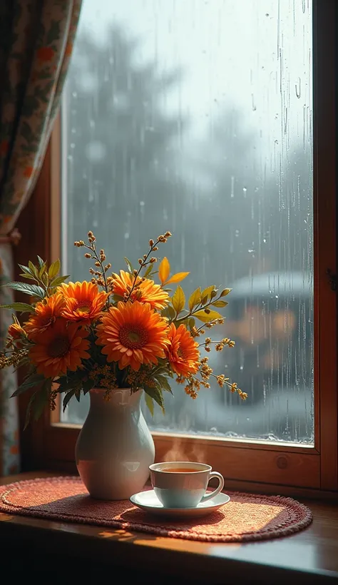 view of the table on which stands a vase with an autumn bouquet and a cup of hot tea, outside the window it is raining, raindrops running down the window, outside cold and gloomy, inside warm and cozy