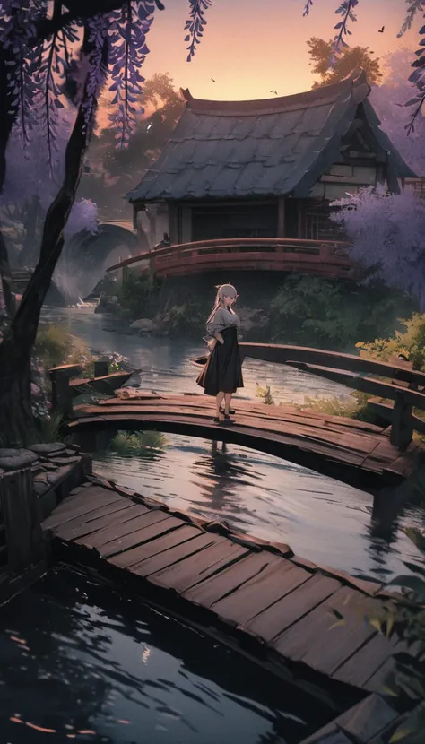 masterpiece, high quality, High resolution,【8k, Chinese painting ,, Withered wisteria, {{aged}} ((Tree)), dusk ((crow)) no cry,, ((a small bridge)), running water, (((humble dwelling))), (woman),, The west wind brings cold wind ((an ancient road)),, when t...