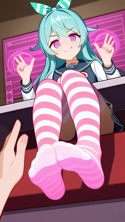 Hibiki from Kancolle, striped and hypnotic thin stockings, Looking at the audience,indoors, Foot Focus,hypno feet, hypnotic, spiral eyes, smug, brainwash, hypnotic soles, girl tries to hypnotize the viewer against his will with the soles of her feet in hyp...