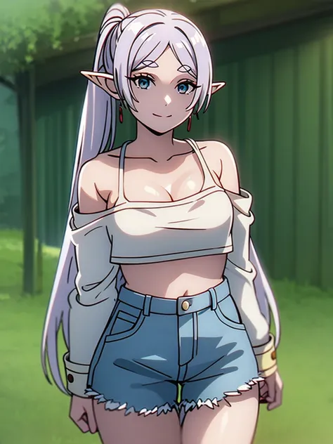 [1girl,solo,elf,white hair,grey hair,earrings,pointy ears,long hair,ponytail,green eyes,twintails,parted bangs,thick eyebrows ], (8K, Highest quality, Highest quality, masterpiece), standing, solo, cowboy shot, [2d, masterpiece, best quality, anime, highly...