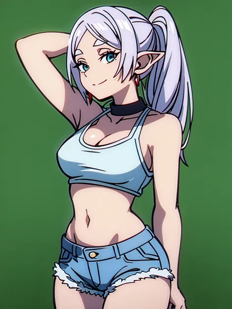 [1girl,solo,elf,white hair,grey hair,earrings,pointy ears,long hair,ponytail,green eyes,twintails,parted bangs,thick eyebrows ], (8K, Highest quality, Highest quality, masterpiece), standing, solo, cowboy shot, [2d, masterpiece, best quality, anime, highly...