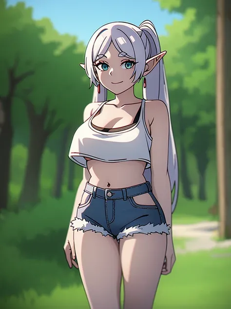 [1girl,solo,elf,white hair,grey hair,earrings,pointy ears,long hair,ponytail,green eyes,twintails,parted bangs,thick eyebrows ], (8K, Highest quality, Highest quality, masterpiece), standing, solo, cowboy shot, [2d, masterpiece, best quality, anime, highly...