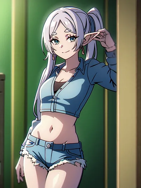 [1girl,solo,elf,white hair,grey hair,earrings,pointy ears,long hair,ponytail,green eyes,twintails,parted bangs,thick eyebrows ], (8K, Highest quality, Highest quality, masterpiece), standing, solo, cowboy shot, [2d, masterpiece, best quality, anime, highly...