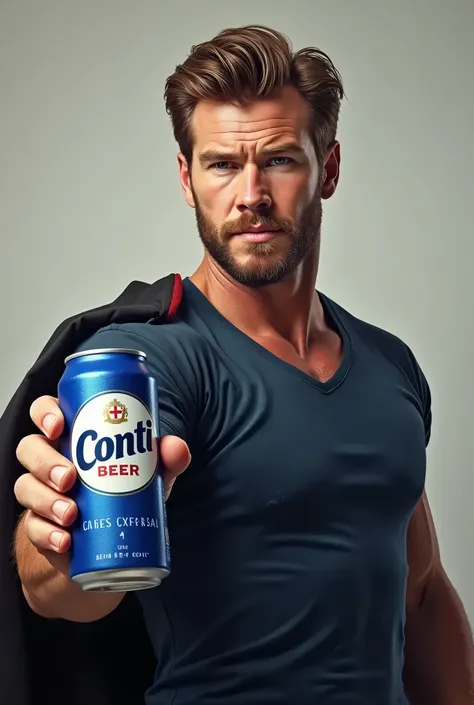 Create Thor actor Chris Hemworth holding a blue can of Conti beer