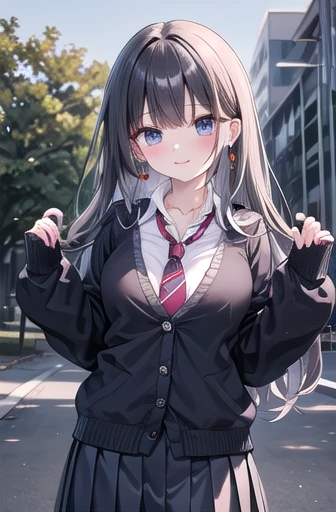 masterpiece, Best Quality, High resolution, middle, Long Hair, Earrings, necklace, School Uniform, tie, Collared shirt, Black cardigan, Long sleeve, Pleated Skirt, Grey Skirt, standing, Cowboy Shot, Outdoor,Large Breasts、