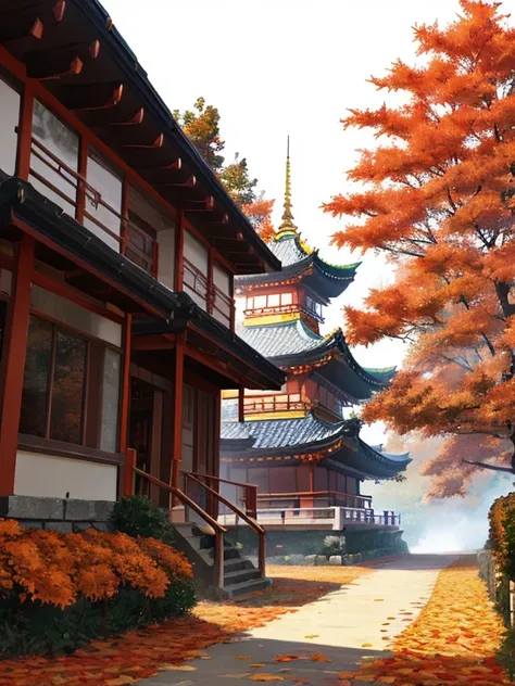 autumn leaves, autumn, Mountaineering, Red five-story pagoda, (Misaka Mikoto), UHD, retina, masterpiece,accurate anatomy, textured skin, super detailed, high quality, best quality, highres, 8k