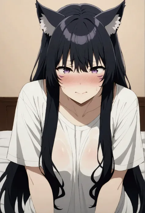 NSFW,masterpiece,Best Quality,High resolution,Very detailed,delta(I want to be a powerful figure behind the scenes),Long Hair、Black Hair、Animal ears、Purple Eyes、Cat ears、Animal earsの毛、Face mark、Oversized T-shirt,Lustful face,Frustrated face,blush,Watery ey...