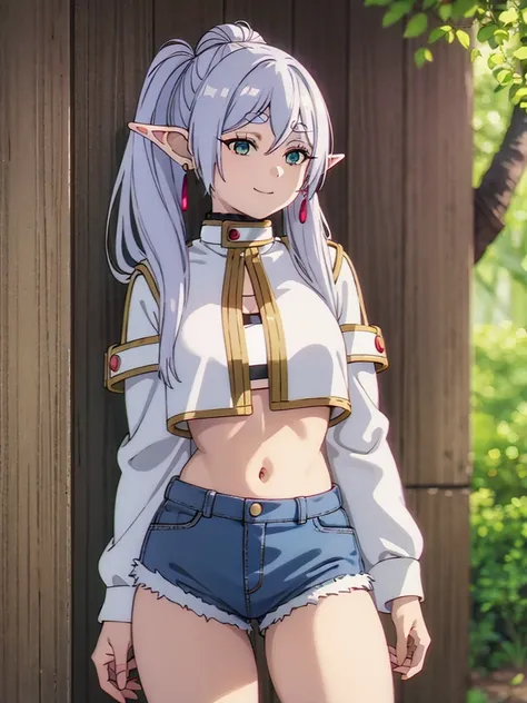 [1girl,solo,elf,white hair,grey hair,earrings,pointy ears,long hair,ponytail,green eyes,twintails,parted bangs,thick eyebrows ], (8K, Highest quality, Highest quality, masterpiece), standing, solo, cowboy shot, [2d, masterpiece, best quality, anime, highly...