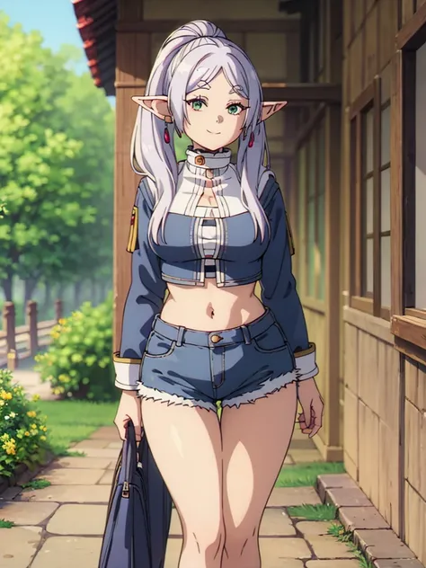 [1girl,solo,elf,white hair,grey hair,earrings,pointy ears,long hair,ponytail,green eyes,twintails,parted bangs,thick eyebrows ], (8K, Highest quality, Highest quality, masterpiece), standing, solo, cowboy shot, [2d, masterpiece, best quality, anime, highly...