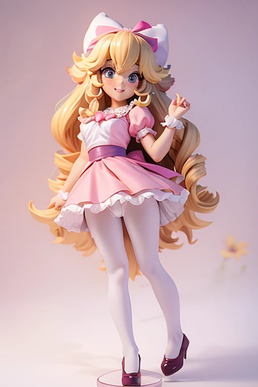 Princess peach very curly hair,  head bow,  very tiny miniskirt,  pantyhose crotch,  candid upskirt,  shoes,  smiling 