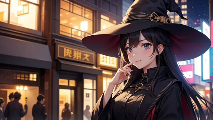 Night in the City、A young woman wearing a witch&#39;s hat、Wearing a black lace open outfit、A scene where she smiles and mischievously waves her hand。Behind them is a streetscape dotted with pumpkin lanterns and Halloween decorations.。