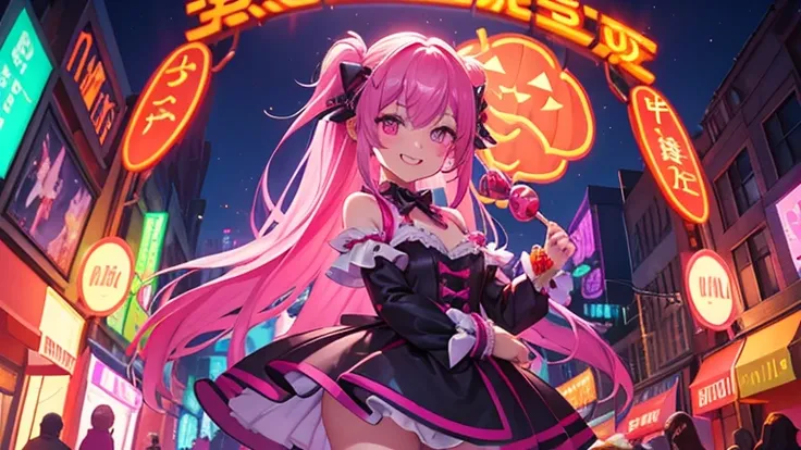 In the bright neon lit streets of the city、A young woman wearing a devilish, revealing outfit、A scene where he throws sweets at his friends with a mischievous smile。There are decorations and people around that make you feel the excitement of Halloween.々is ...