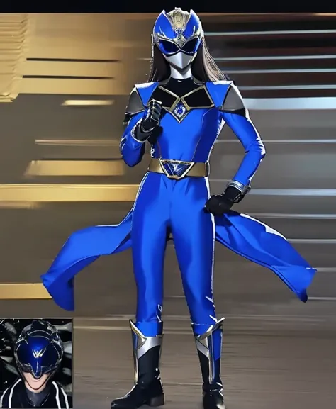 A woman blue rangers, blue ranger suit, as she power rangers blue, full body , helmet mask, long hair, high detailed, realistic, gloves, ultra realistic, ((full face helmet)), black shield sunglasses on eyes, smart black sunglasses 