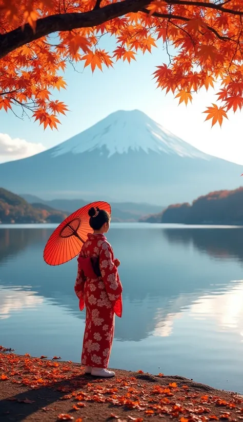 realistic autumns landscape, Beautiful maple leaves with lake and Mount Fuji in background, Autumn maple leaves in the foreground fill the frame in the upper corners, in the background you can see a large lake in which Mount Fuji which stands behind the la...