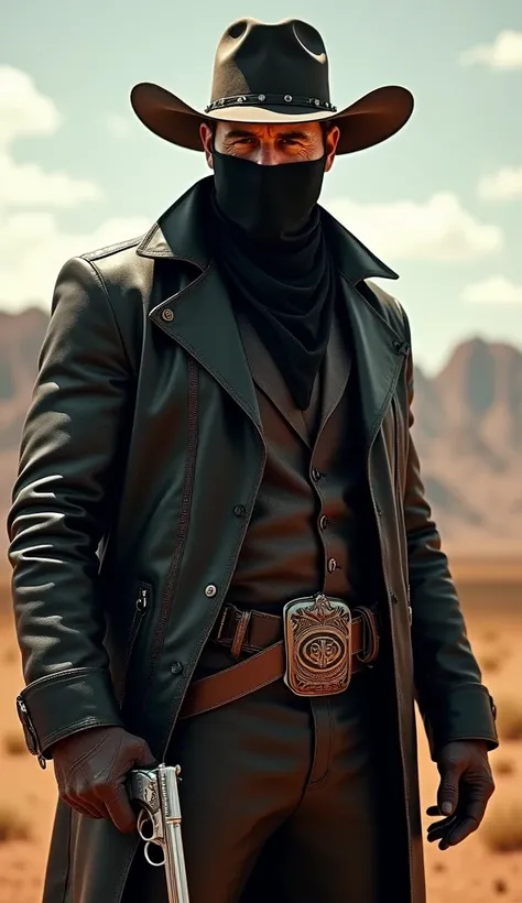 Guy Western Sheriff in black Leather, Leather Gloves, Leather Cowboy Boots, Leather Cowboy Hat, black Bandana, Colt Gun 