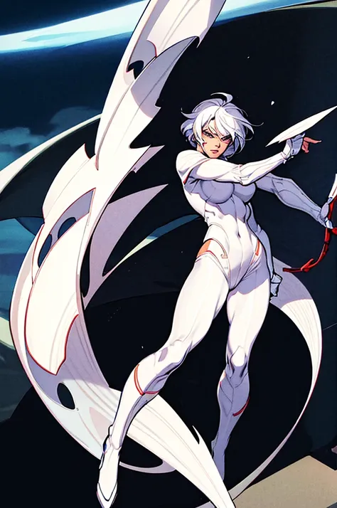 a female superhero assassin wearing a tight-fitting white suit with a flowing cape. she has short, white hair and wears a mask t...