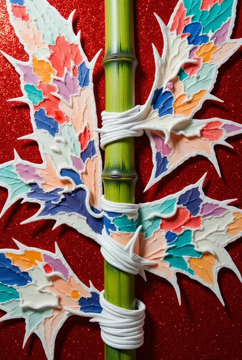 conceptual installation artwork, fusion of watercolor and acrylic paintings, artwork in which colorful and varied patchworks of different shapes peel off one after another, like the skin of a bamboo shoot, background crimson sequins, delicate and dynamic t...