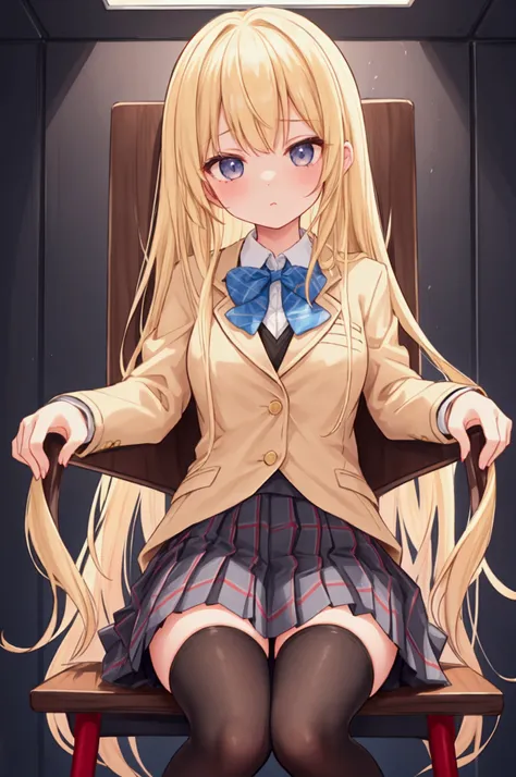 Girl、Blonde、Long Hair、Student Uniform、blazer、Checked mini skirt、Pleated skirt、Black tights、seeing from below、Sitting in a chair、Leg Raise、Sole