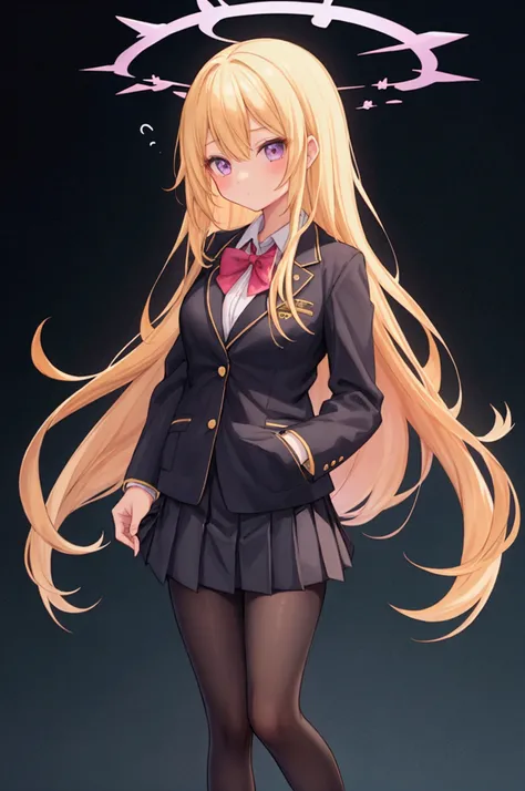 Girl、Blonde、Long Hair、Student Uniform、blazer、bottomless、no skirt、Black tights、loafers