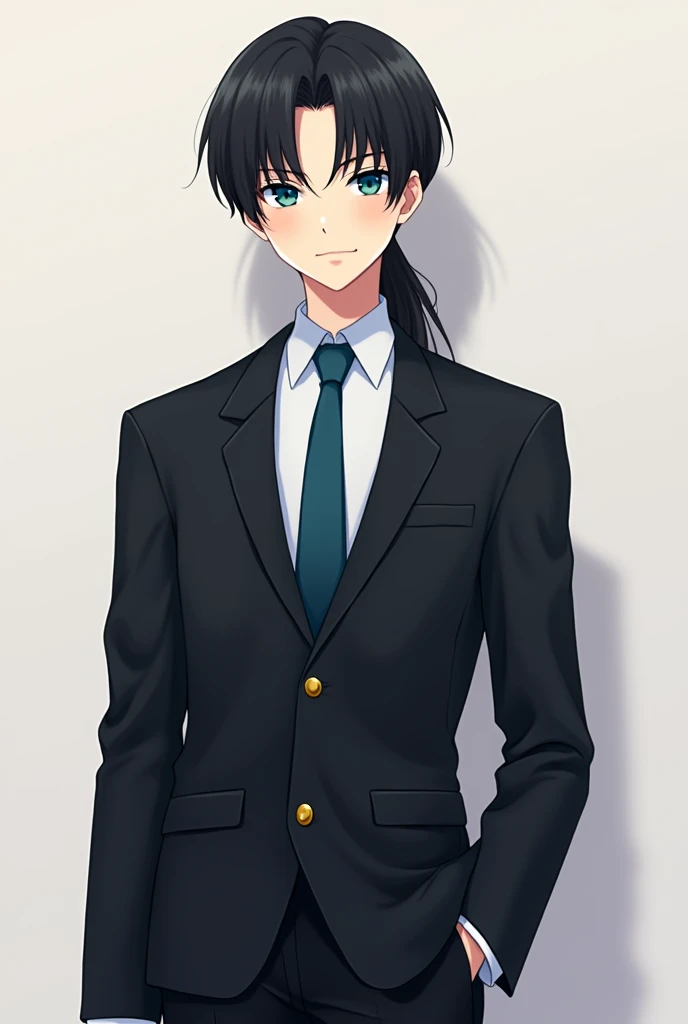 Believe me, a tall black haired anime boy with a formal suit and sky blue eyes , Horsetail, 