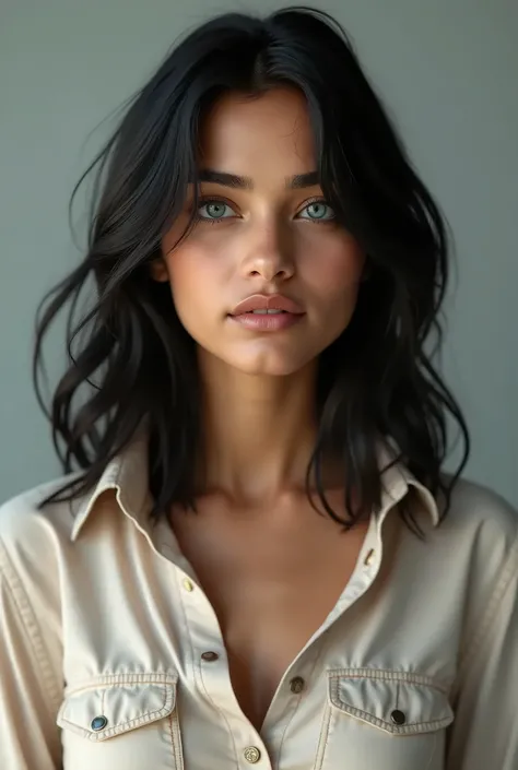 Create an exceptionally detailed, ultra-realistic full-body portrait of a 22-year-old Indian woman, capturing her unique physical attributes: a fair complexion, medium-length black layered hair, striking blue eyes, and a height of 58". She should be dresse...