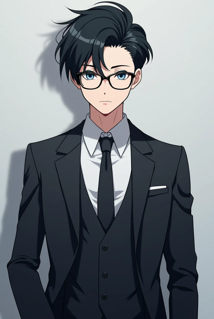 Believe me, a tall black haired anime boy with a formal suit and sky blue eyes , with hairstyle with glasses 