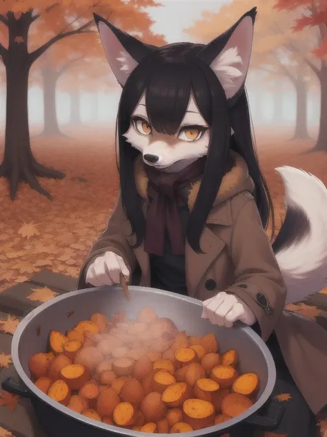 masterpiece,Best Quality,masterpiece,Autumn,autumn leaves,Roasted sweet potato,Wolf ears girl,Long coat