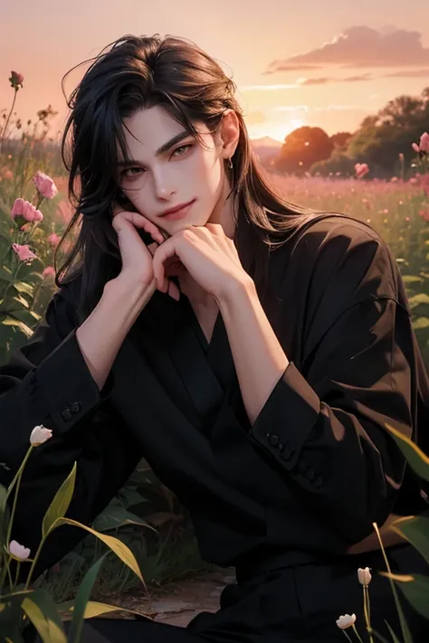 ((The best quality)), ((masterpiece)), (DETAILED), ((perfect face)), ((mid body)) perfect proportions, He is a handsome boy, 18 years old, he is cute, He has the long black, Wolfcut., He is adorable, He has big yellow eyes He smiles at the camera, There is...