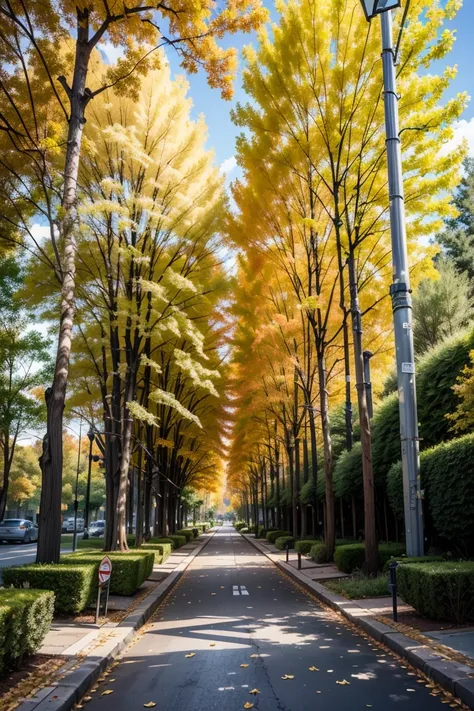 (Best Quality, masterpiece),street tree、Ginkgo trees and autumn leaves