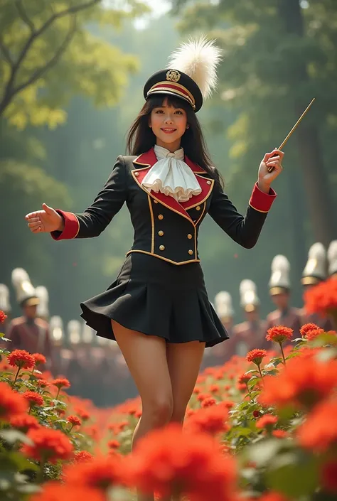 Documentary Photography, Realistic, Dramatic Scene, Very beautiful Japanese fragile schoolgirl, Famous beautiful Japanese idol, (She is wearing a marching band formal uniform, jacket with a stuffed collar, feathered hat:1.2), (Very large breasts), Slim wai...