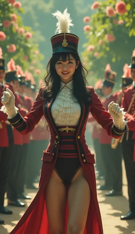 Documentary Photography, Realistic, Dramatic Scene, Very beautiful Japanese fragile schoolgirl, Famous beautiful Japanese idol, (She is wearing a marching band formal uniform, jacket with a stuffed collar, feathered hat:1.2), (Very large breasts), Slim wai...